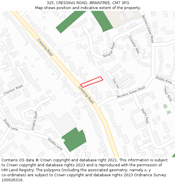 325, CRESSING ROAD, BRAINTREE, CM7 3PG: Location map and indicative extent of plot