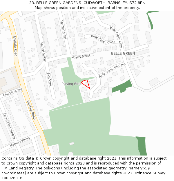 33, BELLE GREEN GARDENS, CUDWORTH, BARNSLEY, S72 8EN: Location map and indicative extent of plot