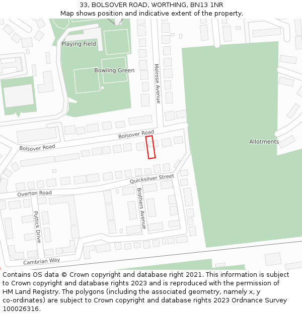 33, BOLSOVER ROAD, WORTHING, BN13 1NR: Location map and indicative extent of plot