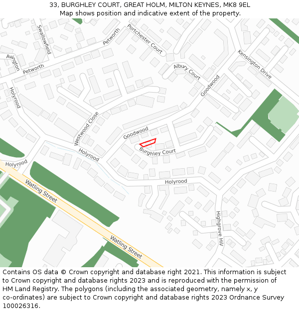 33, BURGHLEY COURT, GREAT HOLM, MILTON KEYNES, MK8 9EL: Location map and indicative extent of plot