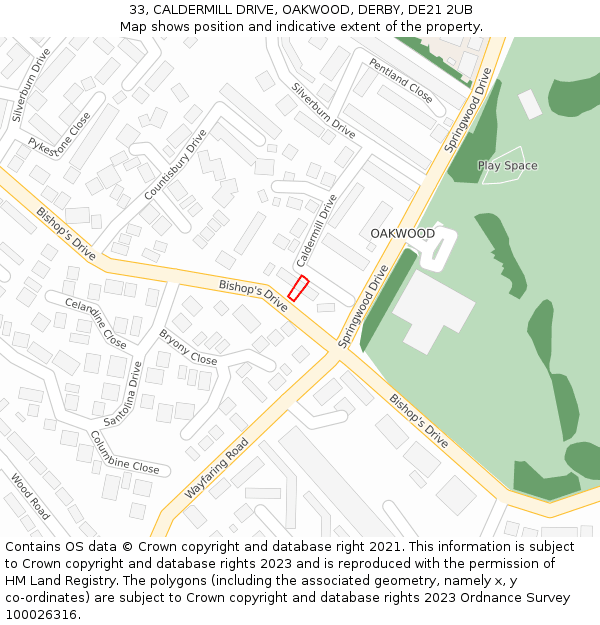 33, CALDERMILL DRIVE, OAKWOOD, DERBY, DE21 2UB: Location map and indicative extent of plot