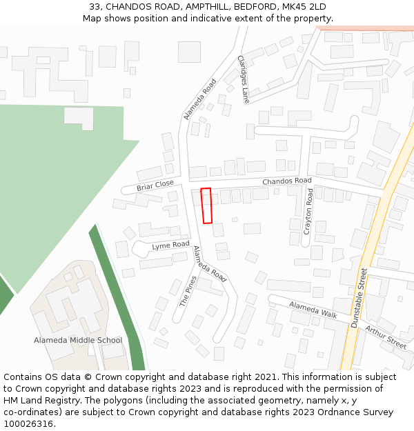 33, CHANDOS ROAD, AMPTHILL, BEDFORD, MK45 2LD: Location map and indicative extent of plot