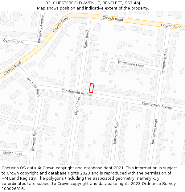 33, CHESTERFIELD AVENUE, BENFLEET, SS7 4AJ: Location map and indicative extent of plot