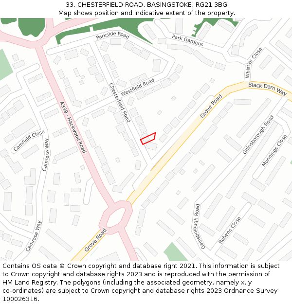 33, CHESTERFIELD ROAD, BASINGSTOKE, RG21 3BG: Location map and indicative extent of plot