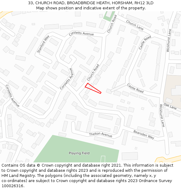 33, CHURCH ROAD, BROADBRIDGE HEATH, HORSHAM, RH12 3LD: Location map and indicative extent of plot