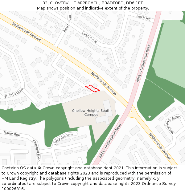 33, CLOVERVILLE APPROACH, BRADFORD, BD6 1ET: Location map and indicative extent of plot