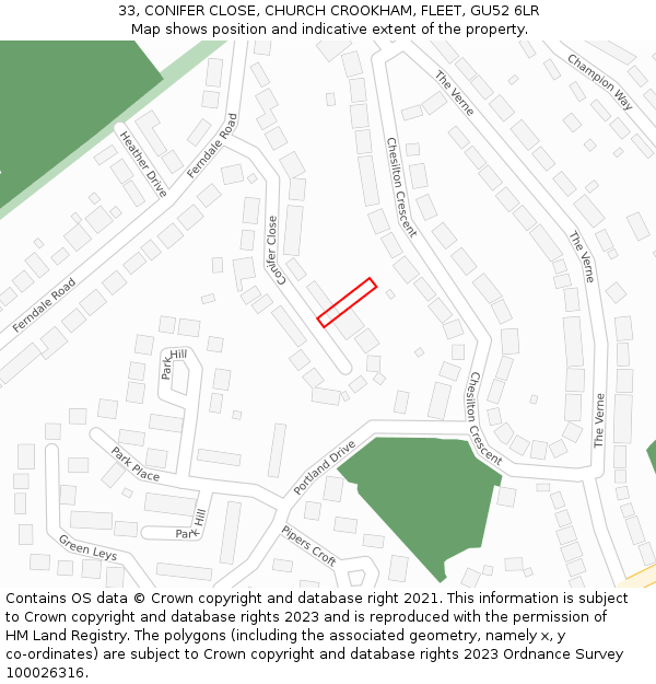 33, CONIFER CLOSE, CHURCH CROOKHAM, FLEET, GU52 6LR: Location map and indicative extent of plot