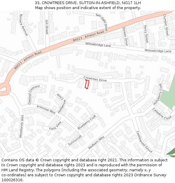 33, CROWTREES DRIVE, SUTTON-IN-ASHFIELD, NG17 1LH: Location map and indicative extent of plot