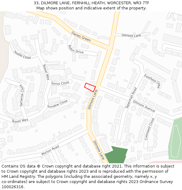 33, DILMORE LANE, FERNHILL HEATH, WORCESTER, WR3 7TF: Location map and indicative extent of plot