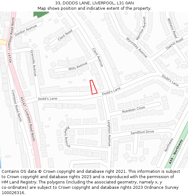 33, DODDS LANE, LIVERPOOL, L31 0AN: Location map and indicative extent of plot