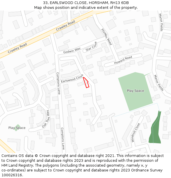 33, EARLSWOOD CLOSE, HORSHAM, RH13 6DB: Location map and indicative extent of plot