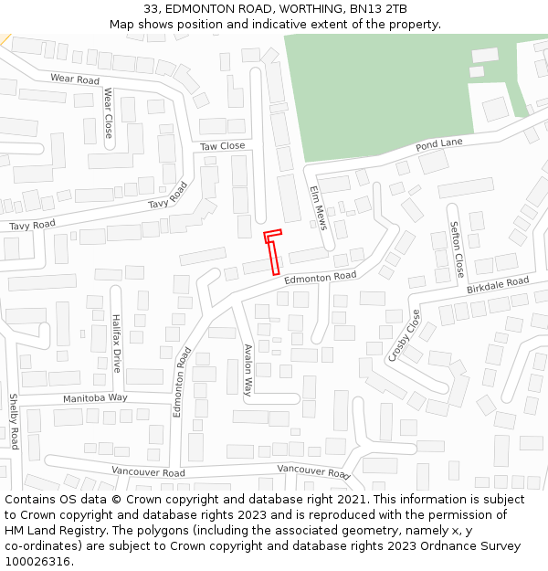 33, EDMONTON ROAD, WORTHING, BN13 2TB: Location map and indicative extent of plot