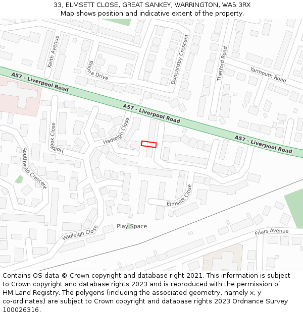 33, ELMSETT CLOSE, GREAT SANKEY, WARRINGTON, WA5 3RX: Location map and indicative extent of plot