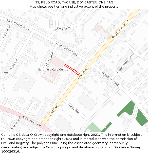 33, FIELD ROAD, THORNE, DONCASTER, DN8 4AG: Location map and indicative extent of plot