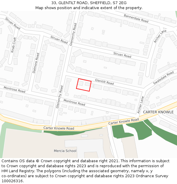 33, GLENTILT ROAD, SHEFFIELD, S7 2EG: Location map and indicative extent of plot