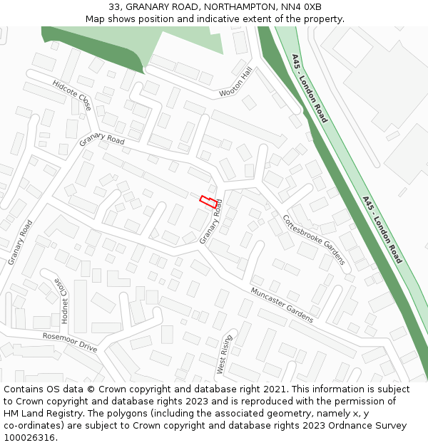 33, GRANARY ROAD, NORTHAMPTON, NN4 0XB: Location map and indicative extent of plot