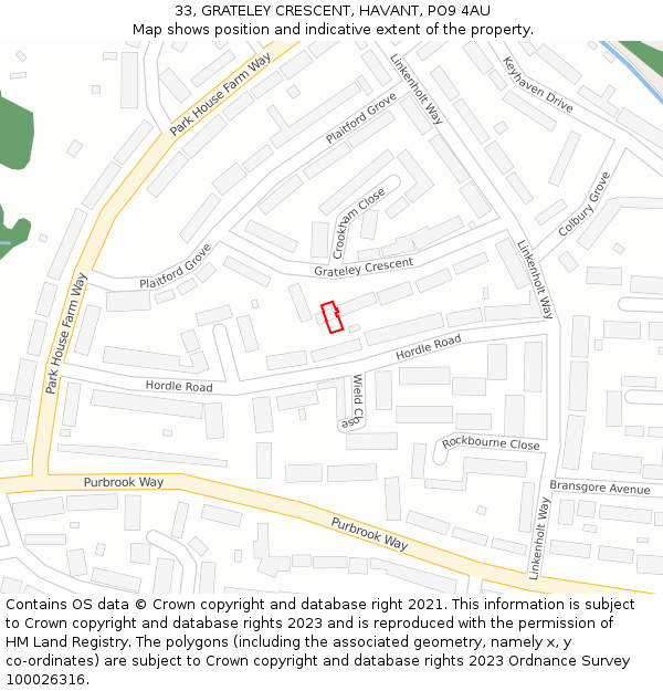 33, GRATELEY CRESCENT, HAVANT, PO9 4AU: Location map and indicative extent of plot