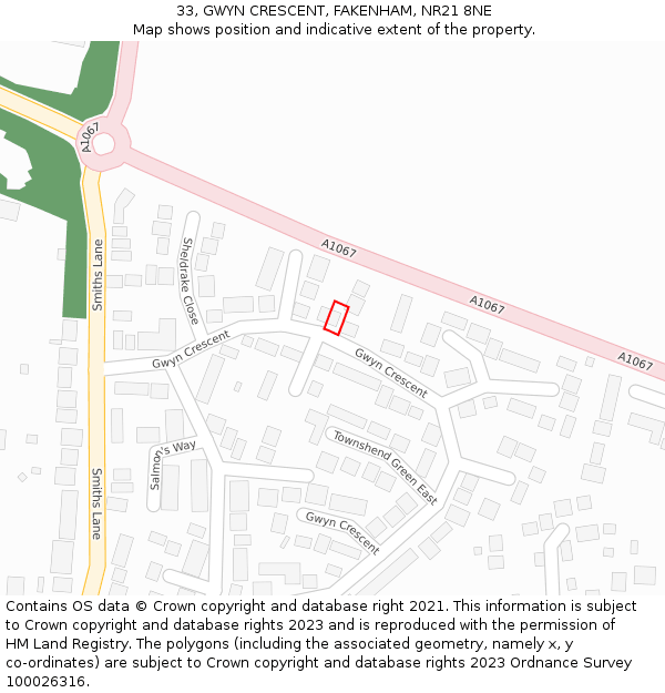 33, GWYN CRESCENT, FAKENHAM, NR21 8NE: Location map and indicative extent of plot