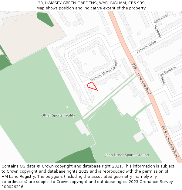 33, HAMSEY GREEN GARDENS, WARLINGHAM, CR6 9RS: Location map and indicative extent of plot