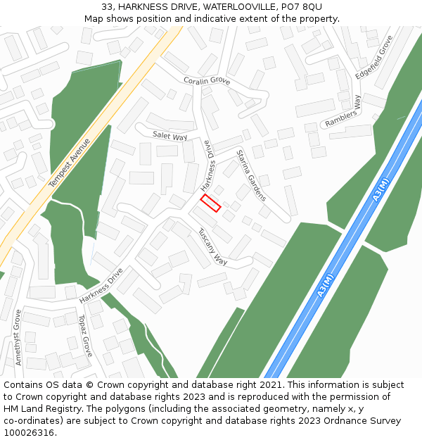 33, HARKNESS DRIVE, WATERLOOVILLE, PO7 8QU: Location map and indicative extent of plot