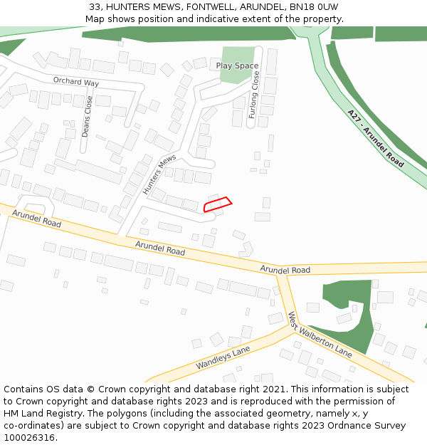 33, HUNTERS MEWS, FONTWELL, ARUNDEL, BN18 0UW: Location map and indicative extent of plot