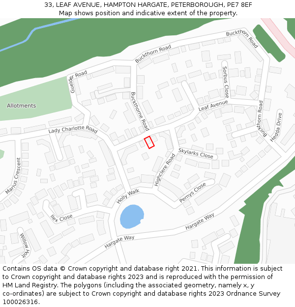 33, LEAF AVENUE, HAMPTON HARGATE, PETERBOROUGH, PE7 8EF: Location map and indicative extent of plot