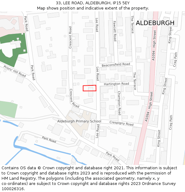 33, LEE ROAD, ALDEBURGH, IP15 5EY: Location map and indicative extent of plot