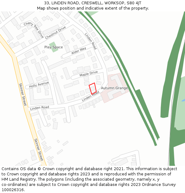 33, LINDEN ROAD, CRESWELL, WORKSOP, S80 4JT: Location map and indicative extent of plot