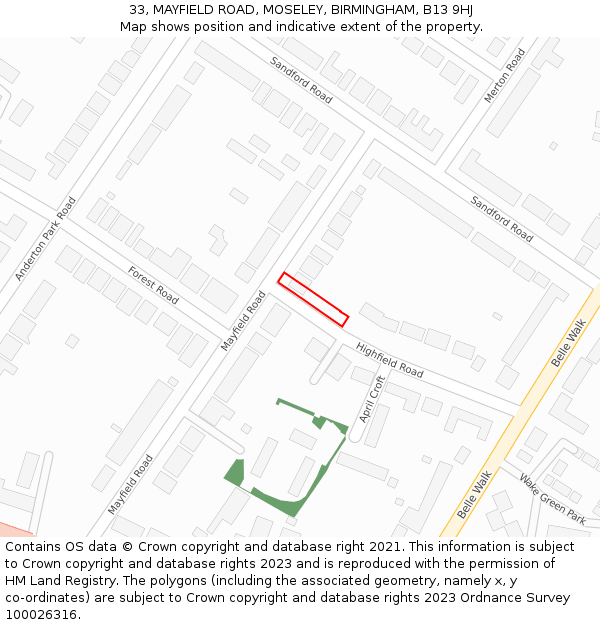 33, MAYFIELD ROAD, MOSELEY, BIRMINGHAM, B13 9HJ: Location map and indicative extent of plot