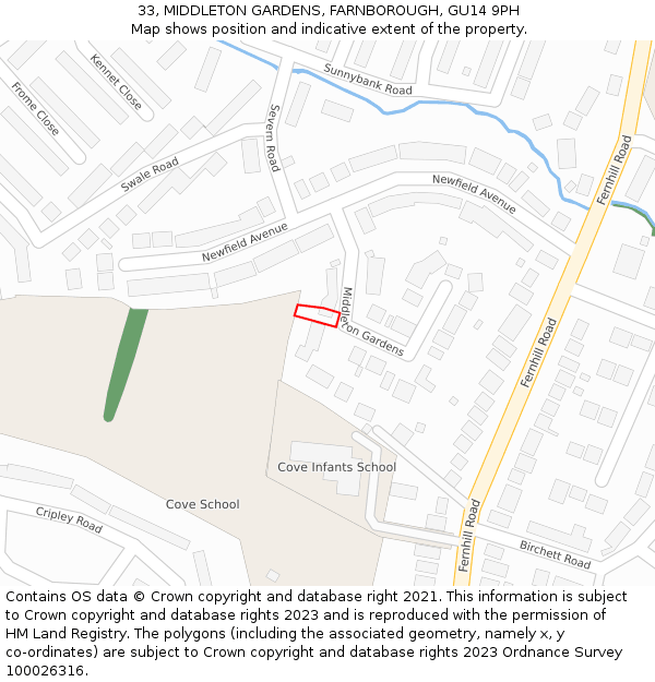 33, MIDDLETON GARDENS, FARNBOROUGH, GU14 9PH: Location map and indicative extent of plot