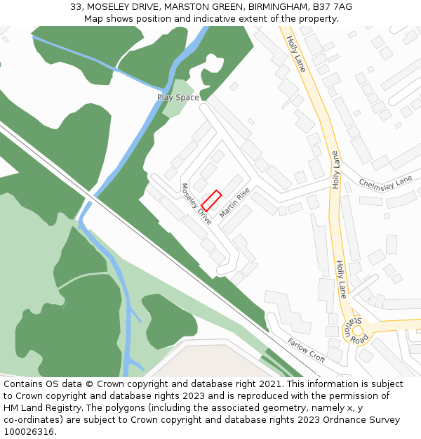 33, MOSELEY DRIVE, MARSTON GREEN, BIRMINGHAM, B37 7AG: Location map and indicative extent of plot