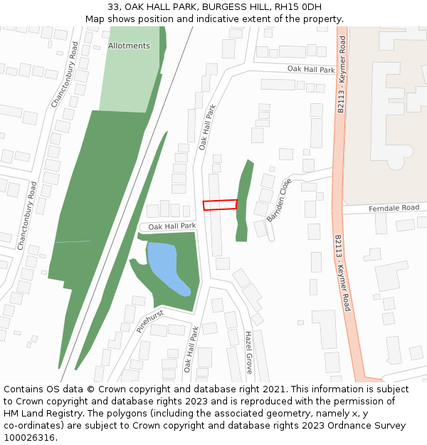 33, OAK HALL PARK, BURGESS HILL, RH15 0DH: Location map and indicative extent of plot