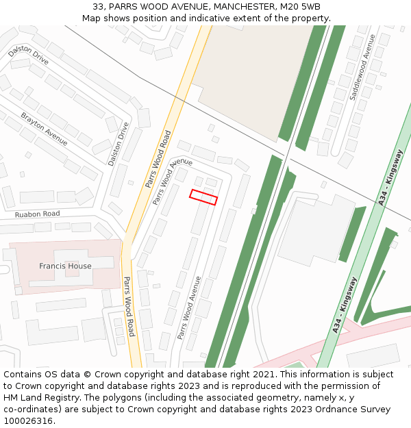 33, PARRS WOOD AVENUE, MANCHESTER, M20 5WB: Location map and indicative extent of plot