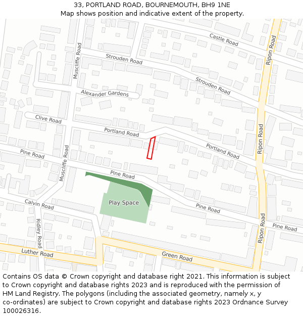 33, PORTLAND ROAD, BOURNEMOUTH, BH9 1NE: Location map and indicative extent of plot