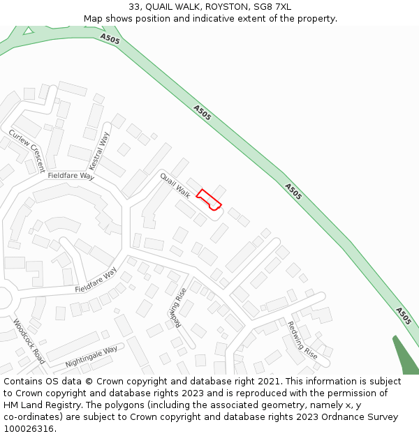 33, QUAIL WALK, ROYSTON, SG8 7XL: Location map and indicative extent of plot