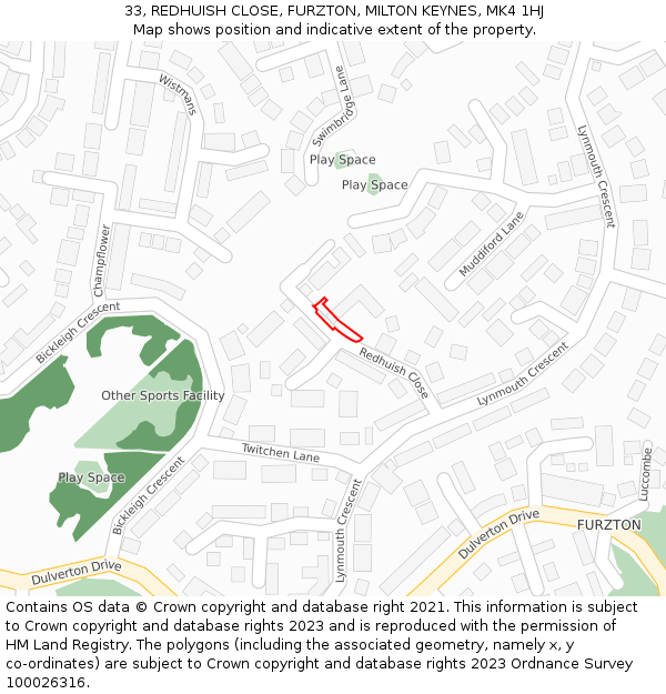 33, REDHUISH CLOSE, FURZTON, MILTON KEYNES, MK4 1HJ: Location map and indicative extent of plot