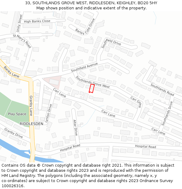 33, SOUTHLANDS GROVE WEST, RIDDLESDEN, KEIGHLEY, BD20 5HY: Location map and indicative extent of plot