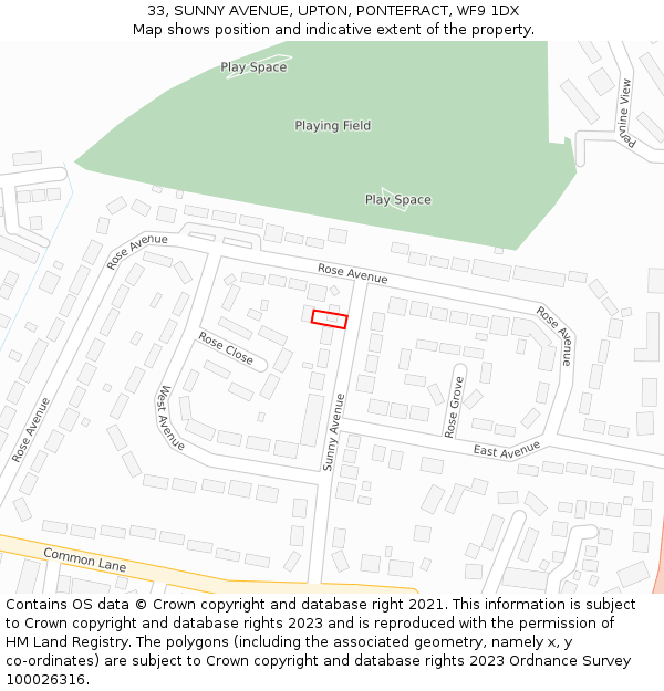 33, SUNNY AVENUE, UPTON, PONTEFRACT, WF9 1DX: Location map and indicative extent of plot