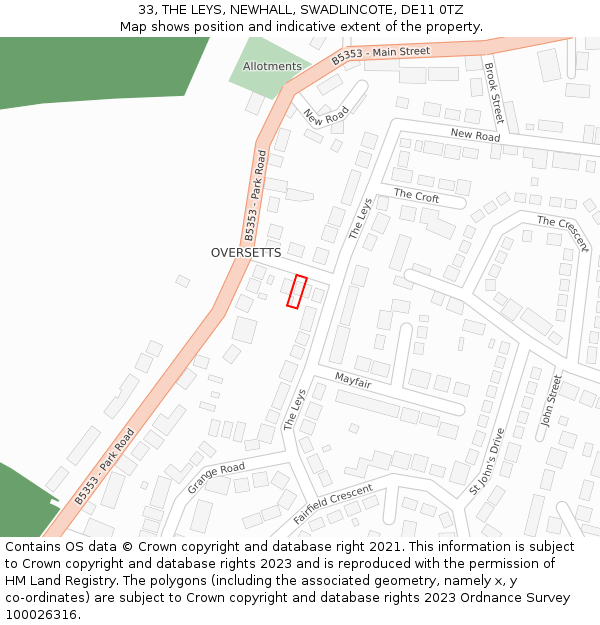 33, THE LEYS, NEWHALL, SWADLINCOTE, DE11 0TZ: Location map and indicative extent of plot