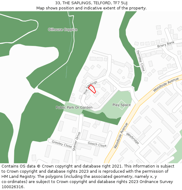 33, THE SAPLINGS, TELFORD, TF7 5UJ: Location map and indicative extent of plot