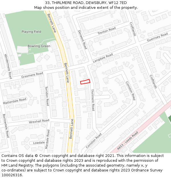 33, THIRLMERE ROAD, DEWSBURY, WF12 7ED: Location map and indicative extent of plot