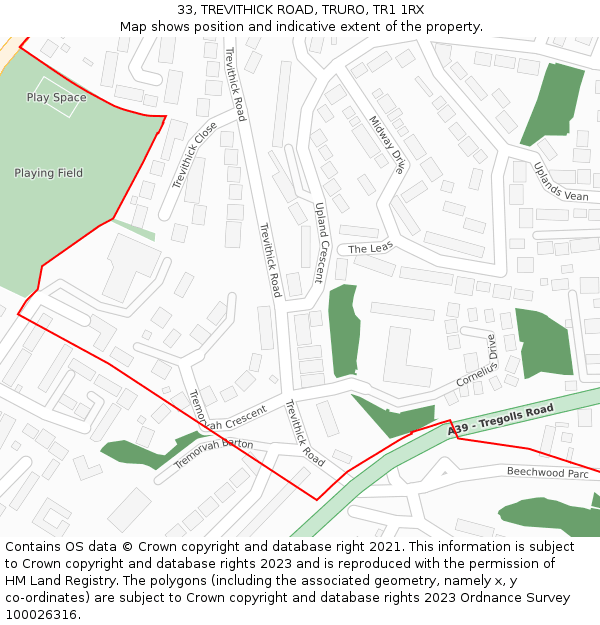 33, TREVITHICK ROAD, TRURO, TR1 1RX: Location map and indicative extent of plot