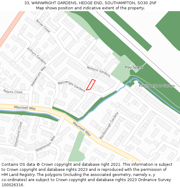 33, WAINWRIGHT GARDENS, HEDGE END, SOUTHAMPTON, SO30 2NF: Location map and indicative extent of plot