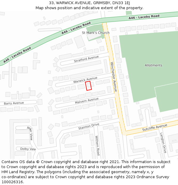 33, WARWICK AVENUE, GRIMSBY, DN33 1EJ: Location map and indicative extent of plot