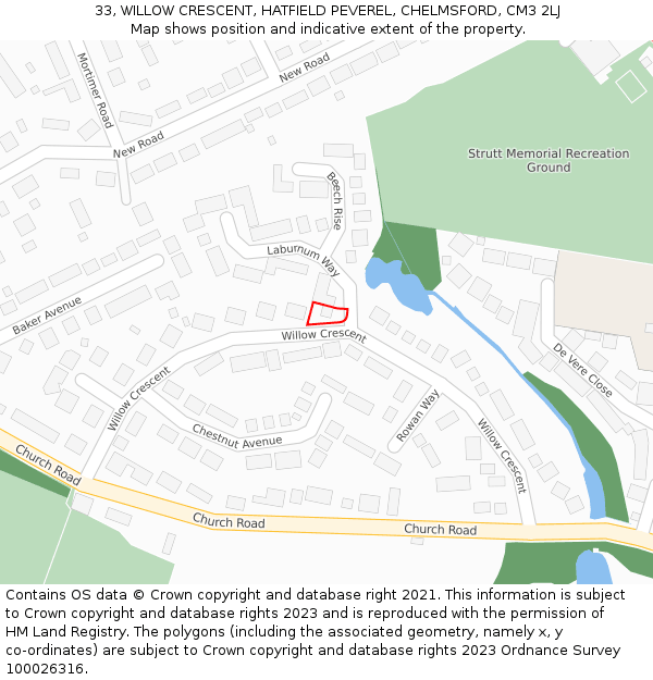 33, WILLOW CRESCENT, HATFIELD PEVEREL, CHELMSFORD, CM3 2LJ: Location map and indicative extent of plot