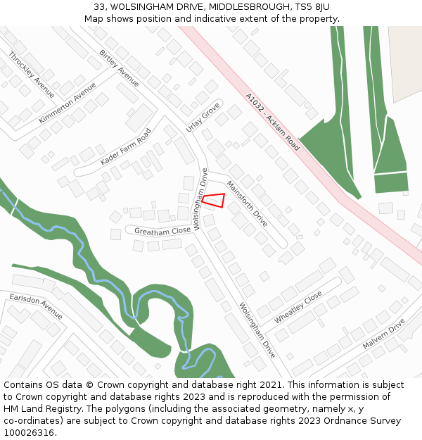 33, WOLSINGHAM DRIVE, MIDDLESBROUGH, TS5 8JU: Location map and indicative extent of plot