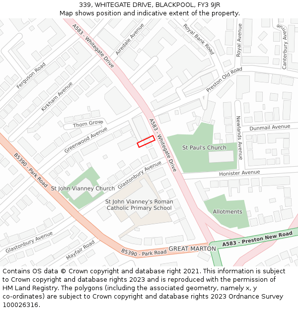 339, WHITEGATE DRIVE, BLACKPOOL, FY3 9JR: Location map and indicative extent of plot