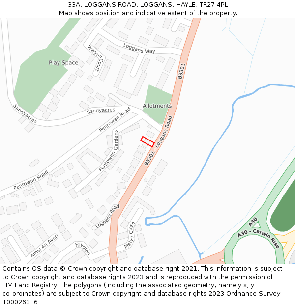 33A, LOGGANS ROAD, LOGGANS, HAYLE, TR27 4PL: Location map and indicative extent of plot