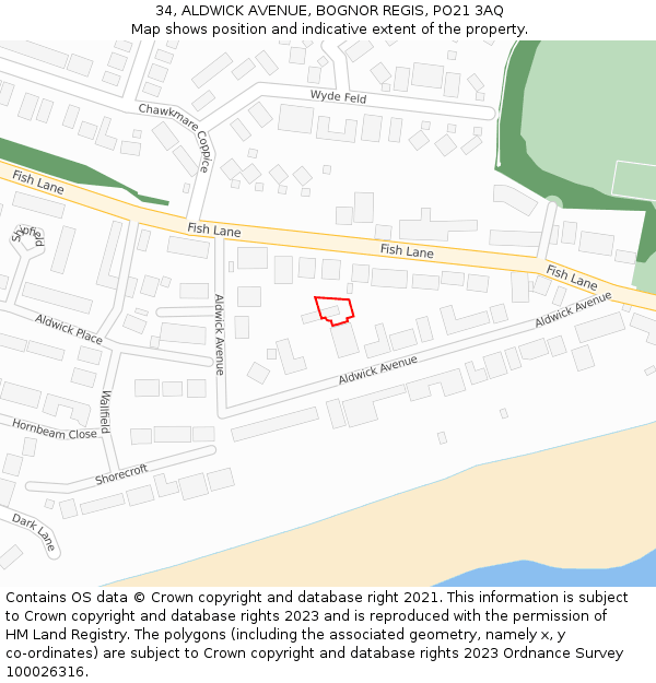 34, ALDWICK AVENUE, BOGNOR REGIS, PO21 3AQ: Location map and indicative extent of plot