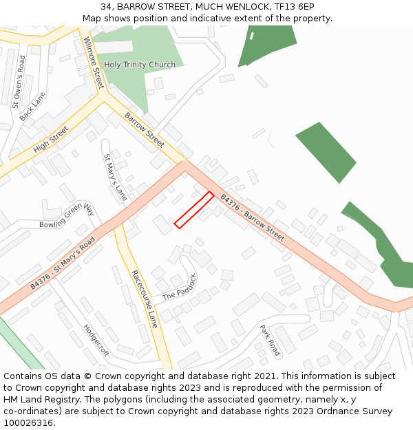 34, BARROW STREET, MUCH WENLOCK, TF13 6EP: Location map and indicative extent of plot